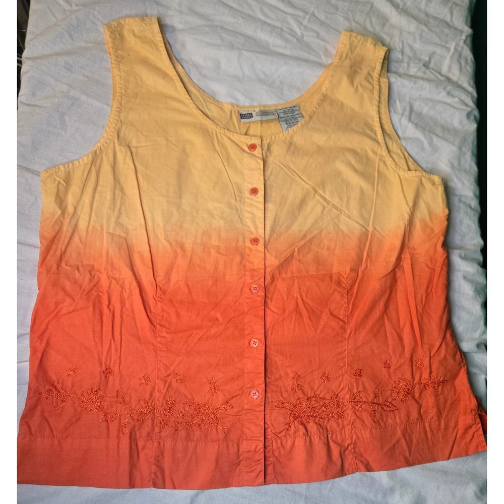 Y2K 90s Vintage XL Orange Yellow Ombre Cotton Button Up Sleeveless Tank Top